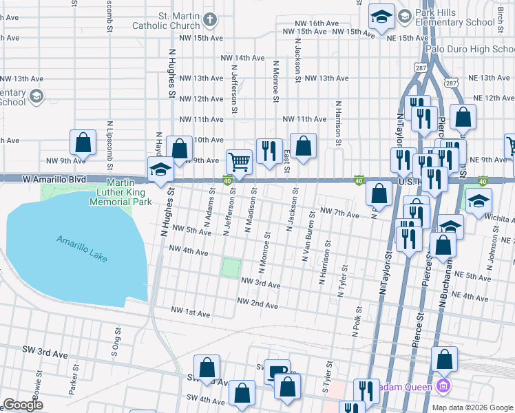 map of restaurants, bars, coffee shops, grocery stores, and more near 701-799 Northwest 6th Avenue in Amarillo