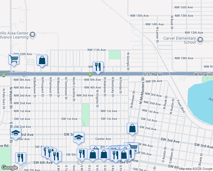 map of restaurants, bars, coffee shops, grocery stores, and more near 306 North Alabama Street in Amarillo