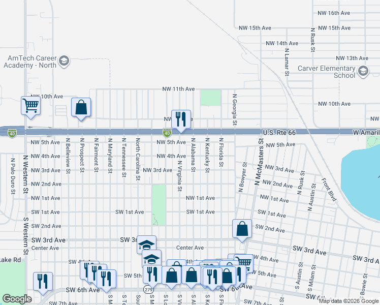 map of restaurants, bars, coffee shops, grocery stores, and more near 306 North Alabama Street in Amarillo