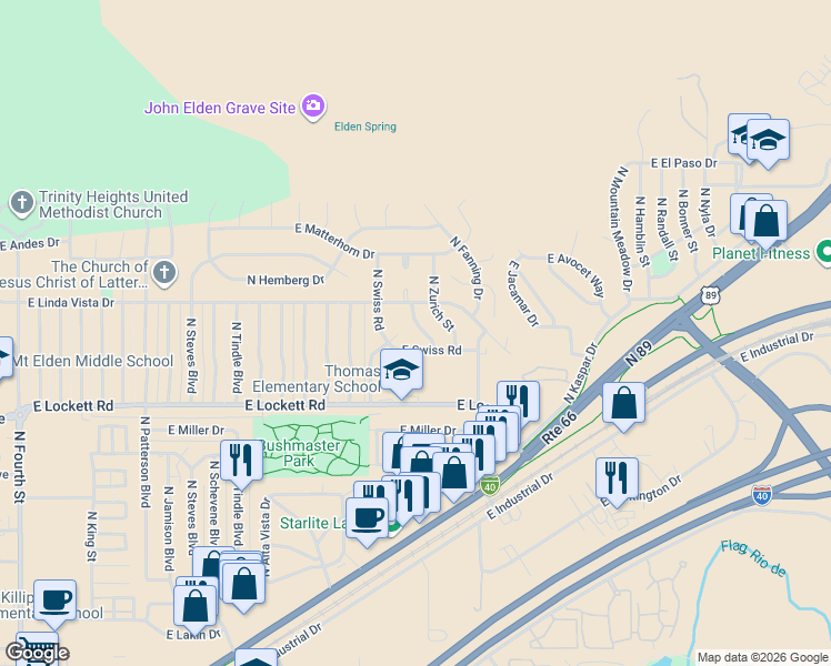 map of restaurants, bars, coffee shops, grocery stores, and more near 3335 East Swiss Road in Flagstaff