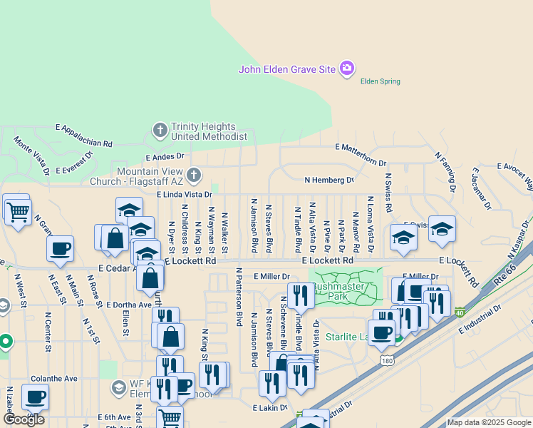map of restaurants, bars, coffee shops, grocery stores, and more near 3450 North Jamison Boulevard in Flagstaff
