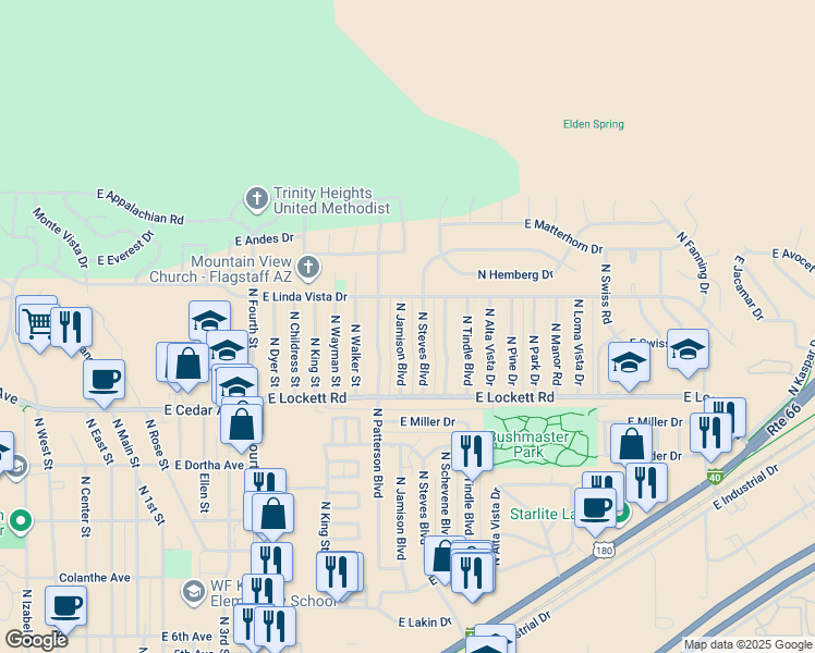 map of restaurants, bars, coffee shops, grocery stores, and more near 3450 North Jamison Boulevard in Flagstaff