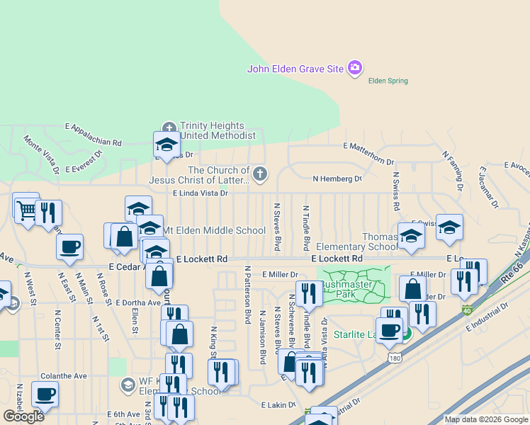 map of restaurants, bars, coffee shops, grocery stores, and more near 3450 North Jamison Boulevard in Flagstaff