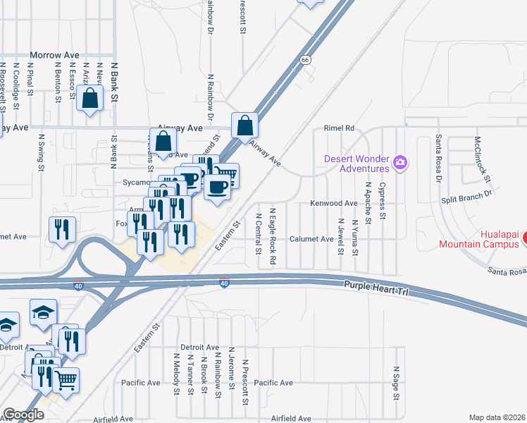 map of restaurants, bars, coffee shops, grocery stores, and more near 3301 North Central Street in Kingman