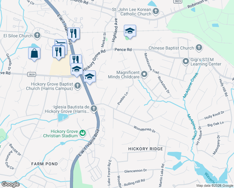 map of restaurants, bars, coffee shops, grocery stores, and more near 6625 Pueblo Lane in Charlotte