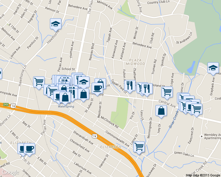 map of restaurants, bars, coffee shops, grocery stores, and more near 2115 Central Avenue in Charlotte
