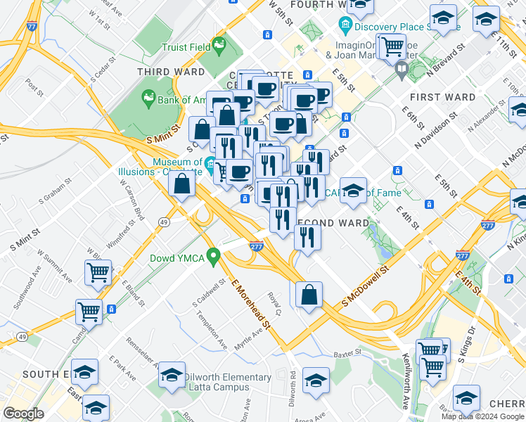 map of restaurants, bars, coffee shops, grocery stores, and more near 610 North Caldwell Street in Charlotte
