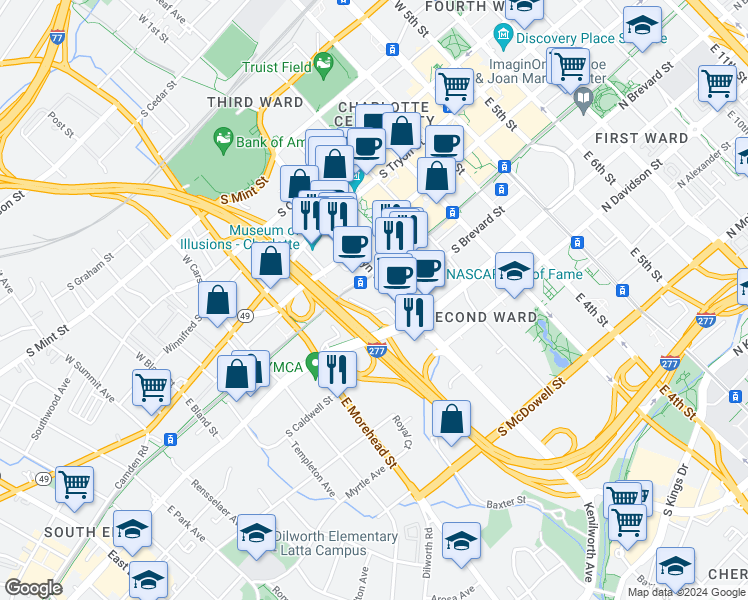 map of restaurants, bars, coffee shops, grocery stores, and more near 450 East Stonewall Street in Charlotte
