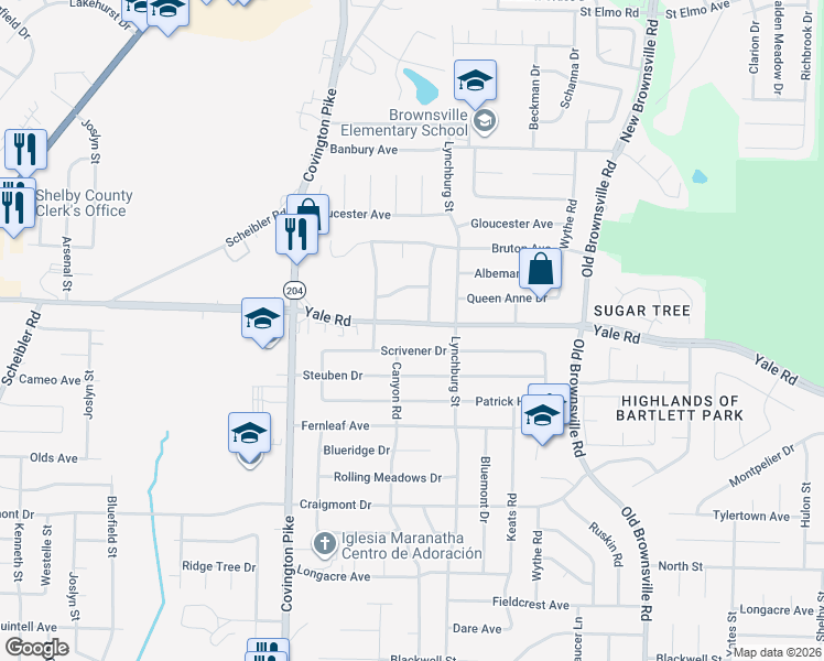 map of restaurants, bars, coffee shops, grocery stores, and more near 5227 Scrivener Drive in Memphis