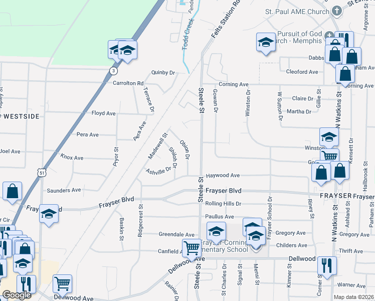 map of restaurants, bars, coffee shops, grocery stores, and more near 3457 Obion Drive in Memphis