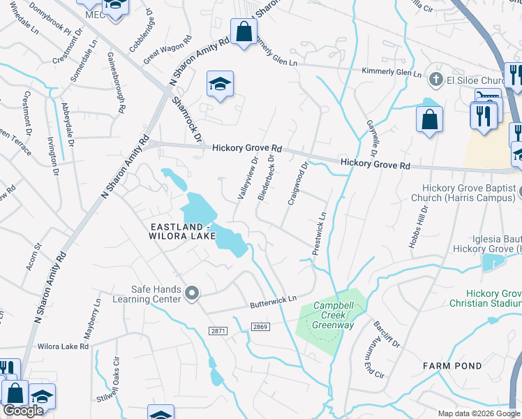 map of restaurants, bars, coffee shops, grocery stores, and more near 5304 Biederbeck Drive in Charlotte