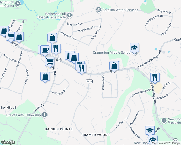 map of restaurants, bars, coffee shops, grocery stores, and more near 3845a South New Hope Road in Gastonia