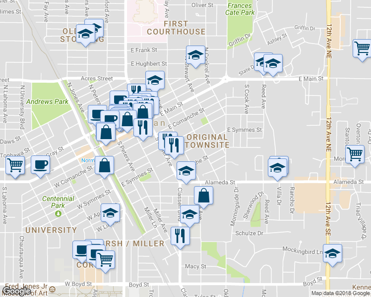 map of restaurants, bars, coffee shops, grocery stores, and more near 327 South Ponca Avenue in Norman