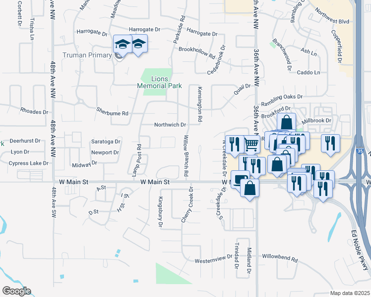 map of restaurants, bars, coffee shops, grocery stores, and more near 212 Willow Branch Road in Norman