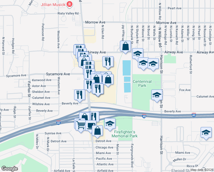 map of restaurants, bars, coffee shops, grocery stores, and more near 3320 Stockton Hill Road in Kingman