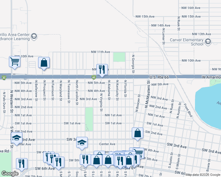 map of restaurants, bars, coffee shops, grocery stores, and more near 306 North Alabama Street in Amarillo