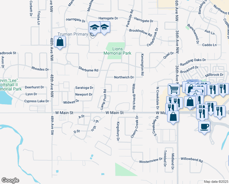 map of restaurants, bars, coffee shops, grocery stores, and more near 4124 Heritage Place Drive in Norman