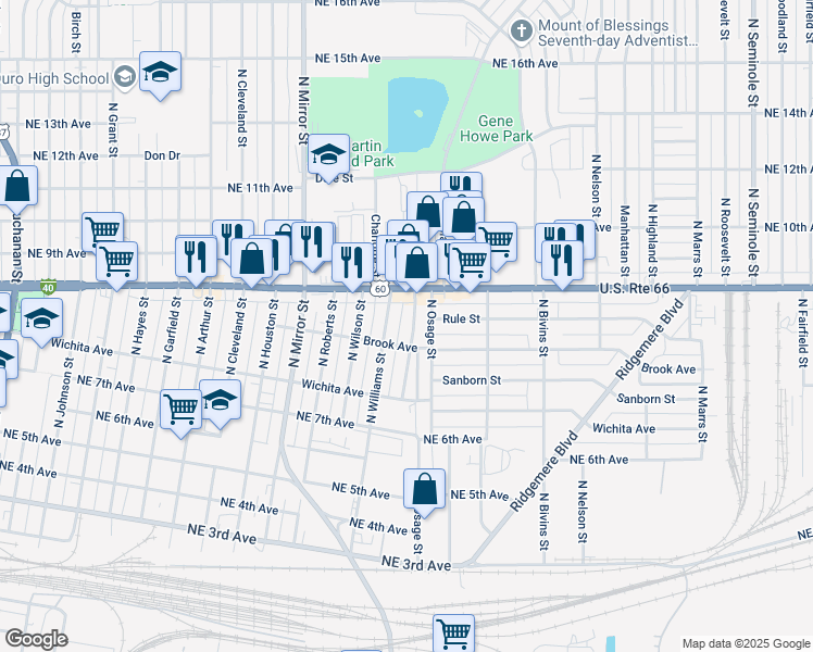 map of restaurants, bars, coffee shops, grocery stores, and more near 733 North Aldredge Street in Amarillo