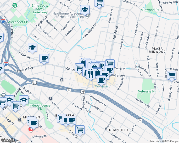 map of restaurants, bars, coffee shops, grocery stores, and more near 1421 Central Avenue in Charlotte