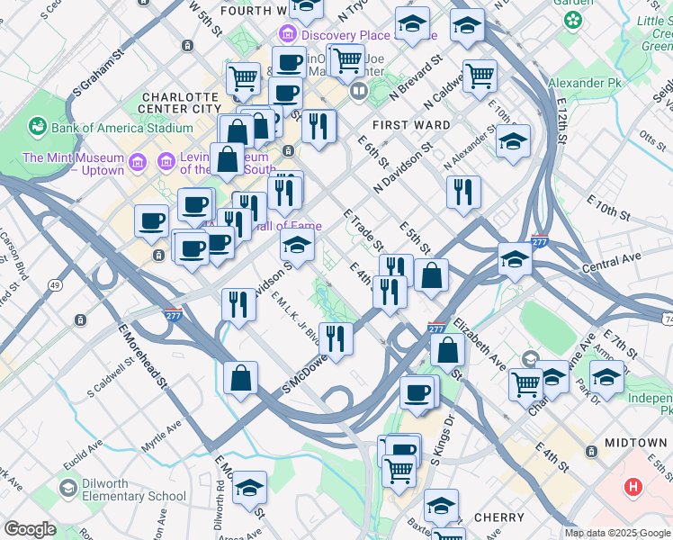map of restaurants, bars, coffee shops, grocery stores, and more near 700 East 4th Street in Charlotte