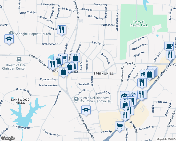 map of restaurants, bars, coffee shops, grocery stores, and more near 3484 Naylor Drive in Memphis