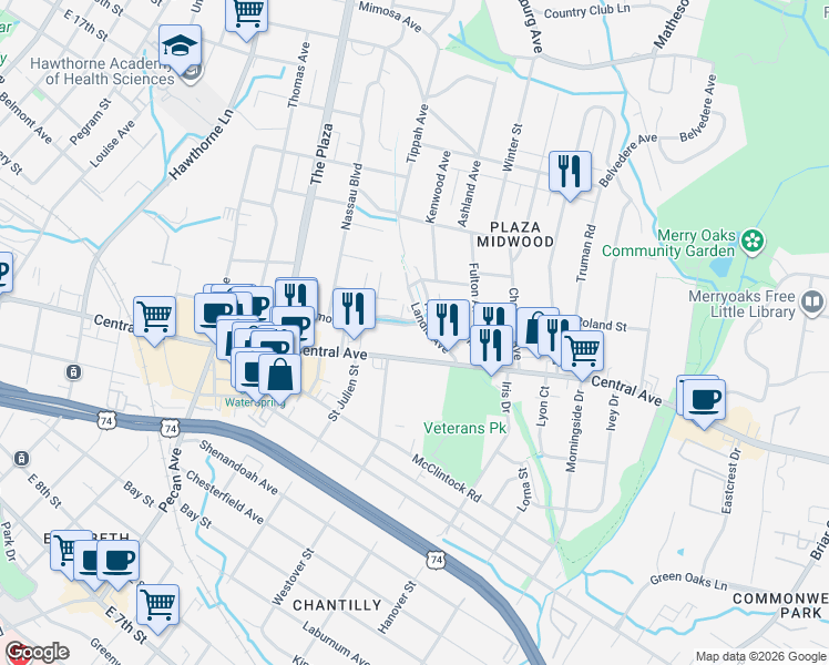 map of restaurants, bars, coffee shops, grocery stores, and more near in Charlotte