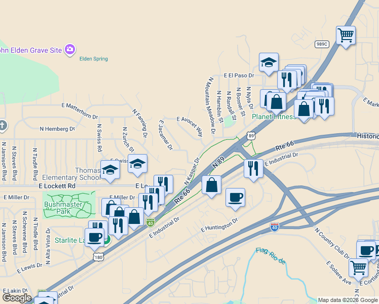 map of restaurants, bars, coffee shops, grocery stores, and more near 4016 North Pipit Place in Flagstaff