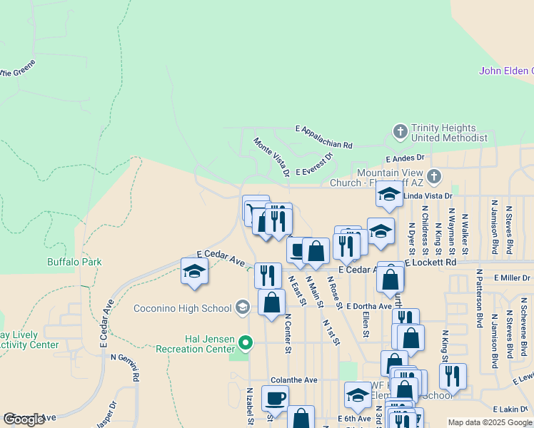 map of restaurants, bars, coffee shops, grocery stores, and more near 1305 East Dunroven Court in Flagstaff