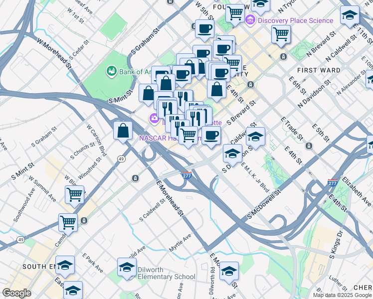map of restaurants, bars, coffee shops, grocery stores, and more near 400 East Brooklyn Village Avenue in Charlotte