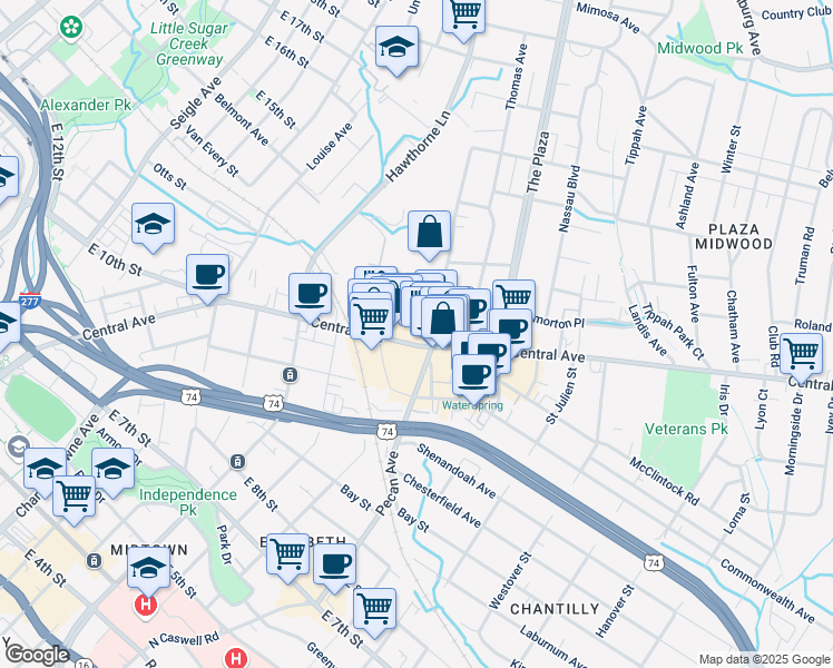 map of restaurants, bars, coffee shops, grocery stores, and more near 1425 Central Avenue in Charlotte