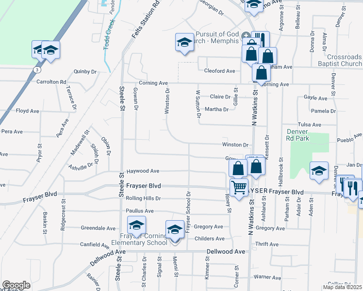 map of restaurants, bars, coffee shops, grocery stores, and more near 1621 Winston Drive in Memphis