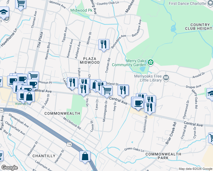 map of restaurants, bars, coffee shops, grocery stores, and more near 1641 Morningside Drive in Charlotte
