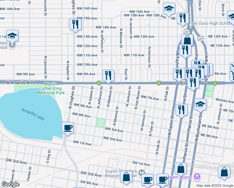 map of restaurants, bars, coffee shops, grocery stores, and more near 601 West Amarillo Boulevard in Amarillo