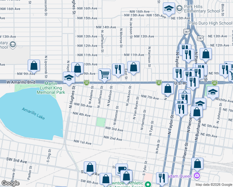 map of restaurants, bars, coffee shops, grocery stores, and more near 601 West Amarillo Boulevard in Amarillo