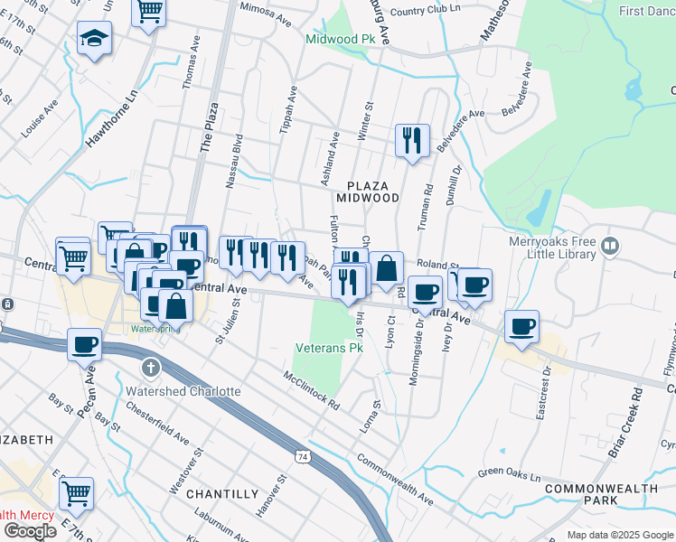 map of restaurants, bars, coffee shops, grocery stores, and more near 1631 Fulton Avenue in Charlotte