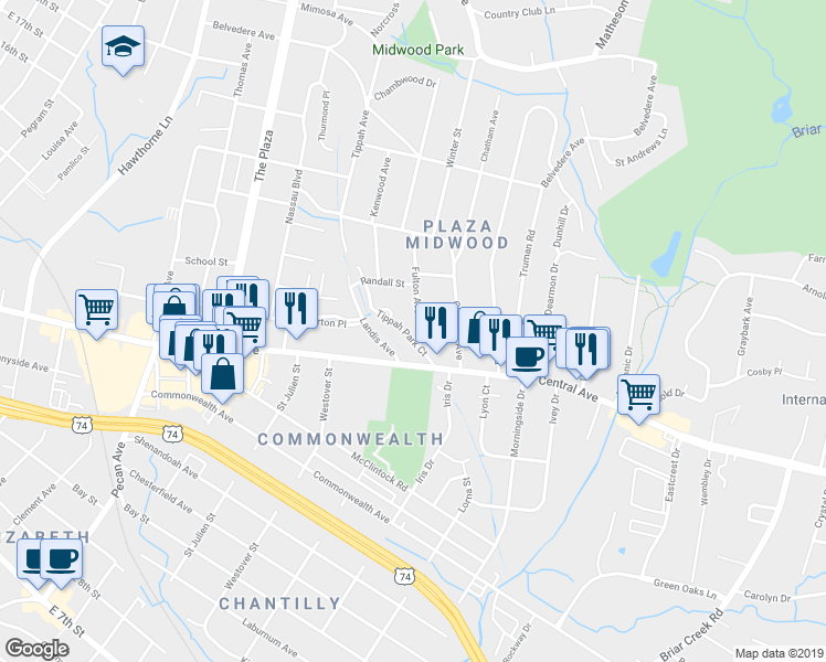 map of restaurants, bars, coffee shops, grocery stores, and more near in Charlotte