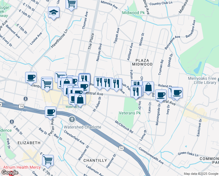 map of restaurants, bars, coffee shops, grocery stores, and more near 1921 Hamorton Place in Charlotte