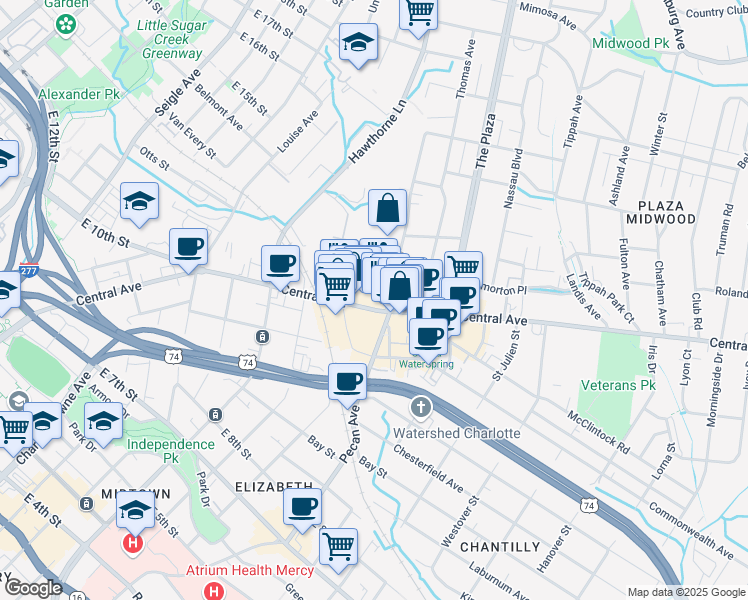 map of restaurants, bars, coffee shops, grocery stores, and more near 1418 Hamorton Place in Charlotte