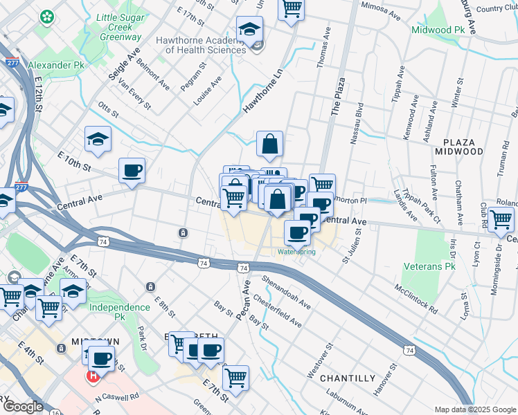 map of restaurants, bars, coffee shops, grocery stores, and more near 1418 Hamorton Place in Charlotte