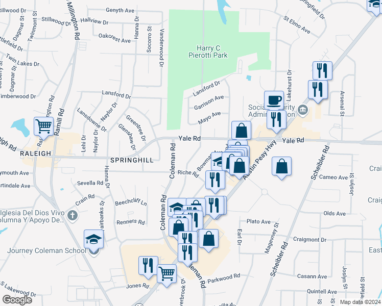 map of restaurants, bars, coffee shops, grocery stores, and more near 3481 Northmoor Avenue in Memphis