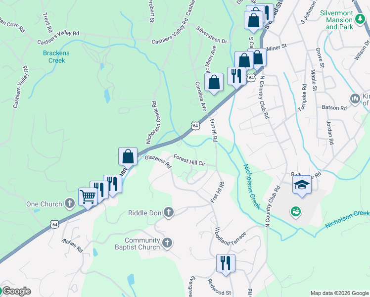 map of restaurants, bars, coffee shops, grocery stores, and more near 535 Rosman Highway in Brevard