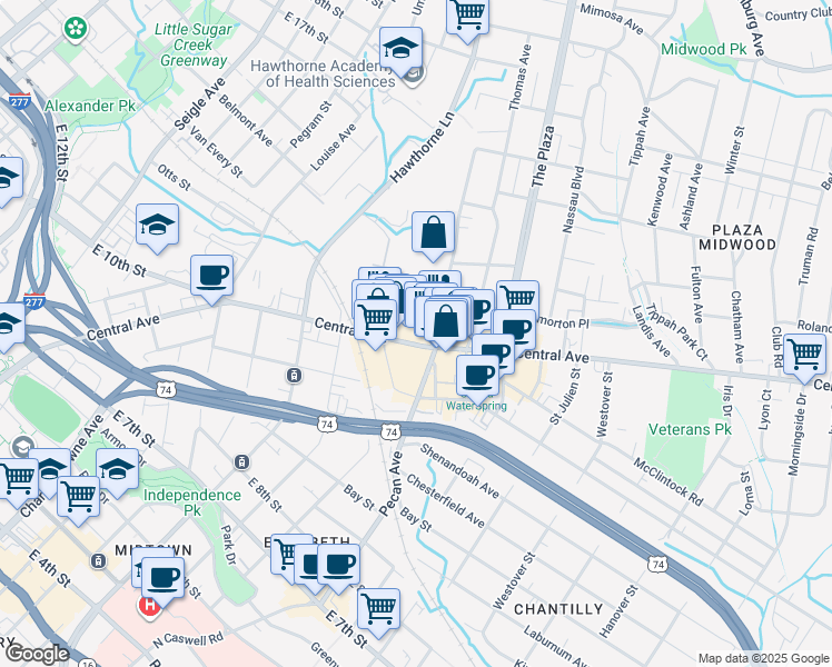 map of restaurants, bars, coffee shops, grocery stores, and more near 1421 Central Avenue in Charlotte