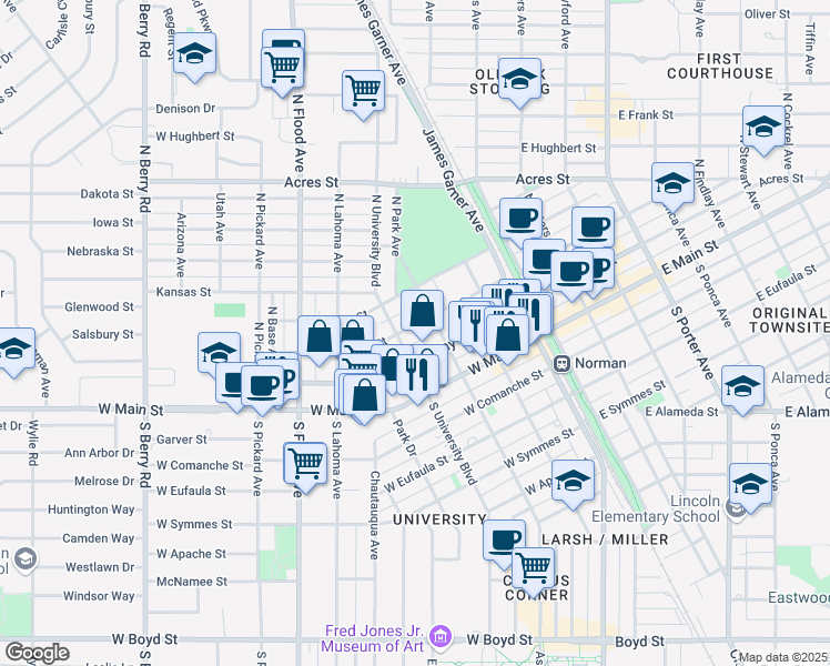map of restaurants, bars, coffee shops, grocery stores, and more near 321 West Tonhawa Street in Norman