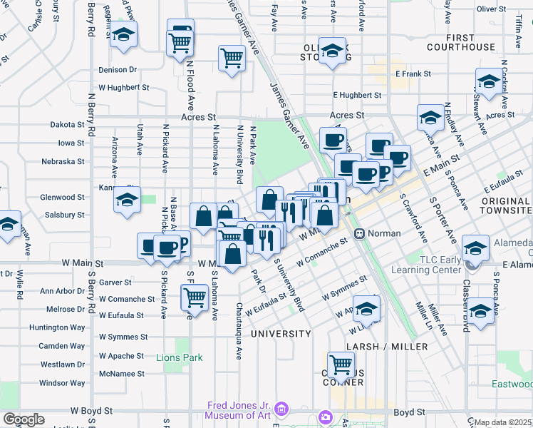 map of restaurants, bars, coffee shops, grocery stores, and more near 321 West Tonhawa Street in Norman