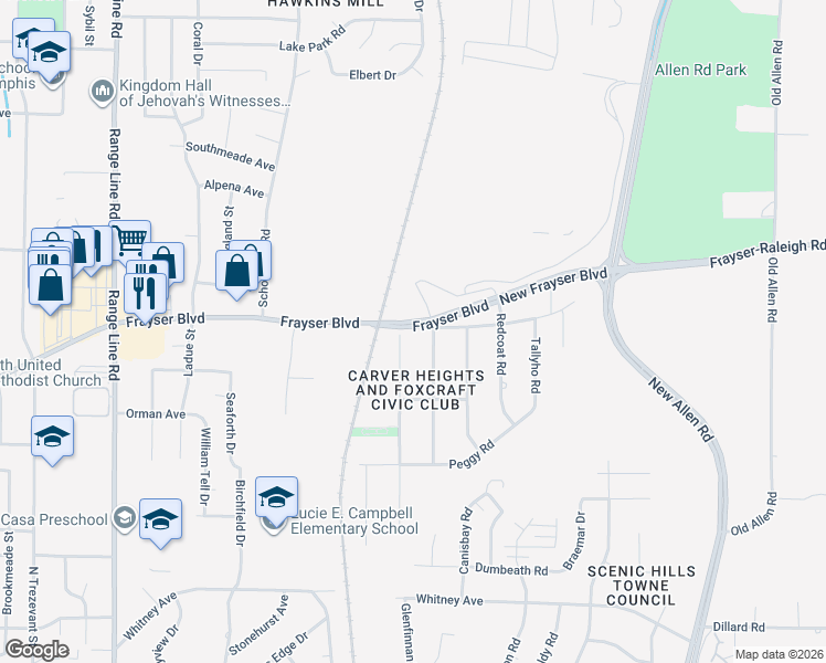 map of restaurants, bars, coffee shops, grocery stores, and more near 2892-2912 Frayser Raleigh Road in Memphis