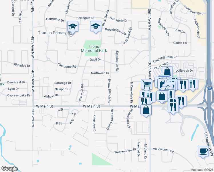map of restaurants, bars, coffee shops, grocery stores, and more near 214 Willow Branch Road in Norman