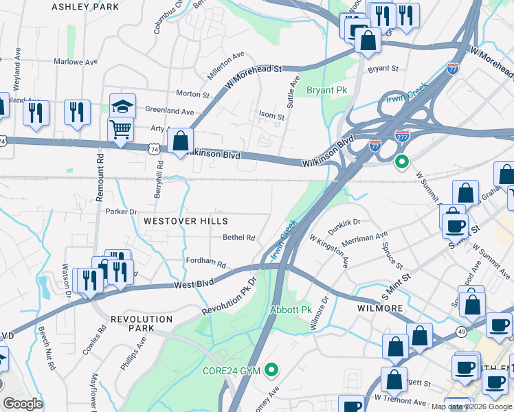 map of restaurants, bars, coffee shops, grocery stores, and more near 1136 Skyview Road in Charlotte