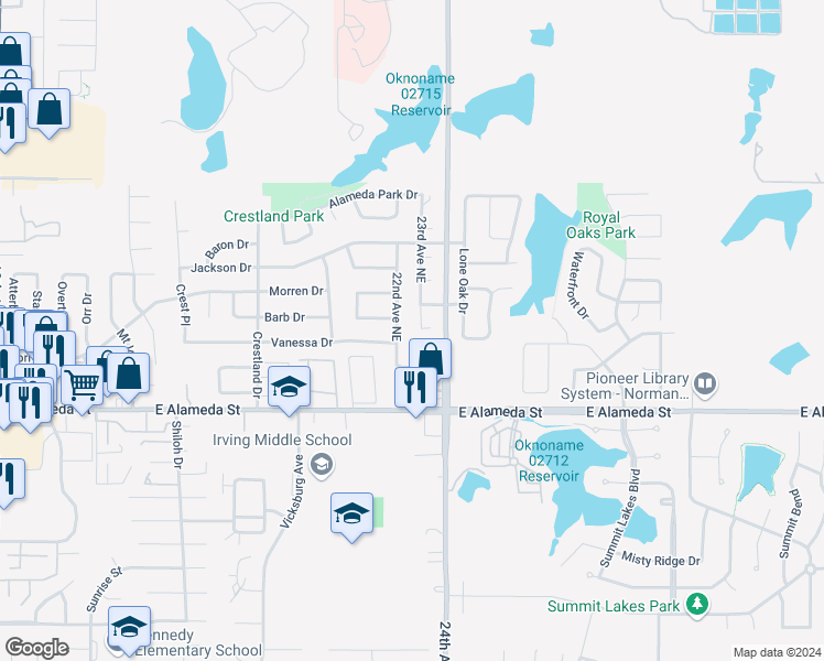 map of restaurants, bars, coffee shops, grocery stores, and more near 200 23rd Avenue Northeast in Norman