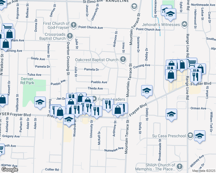 map of restaurants, bars, coffee shops, grocery stores, and more near 2288 Theda Avenue in Memphis