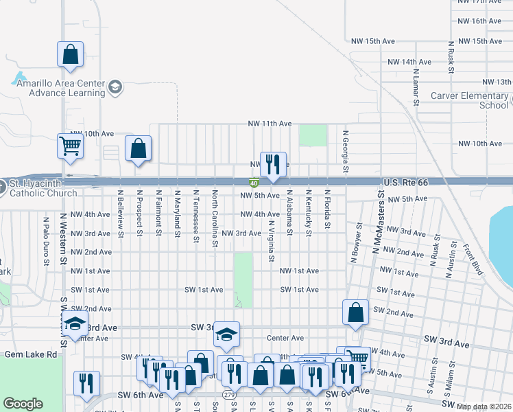 map of restaurants, bars, coffee shops, grocery stores, and more near 404 North Louisiana Street in Amarillo